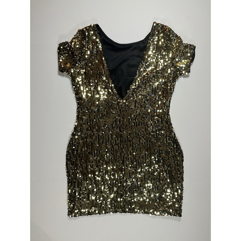 Women's Sexy Gold Sequin Mini Dress Bodycon Deep V-Neck Party Club Cocktail Larg